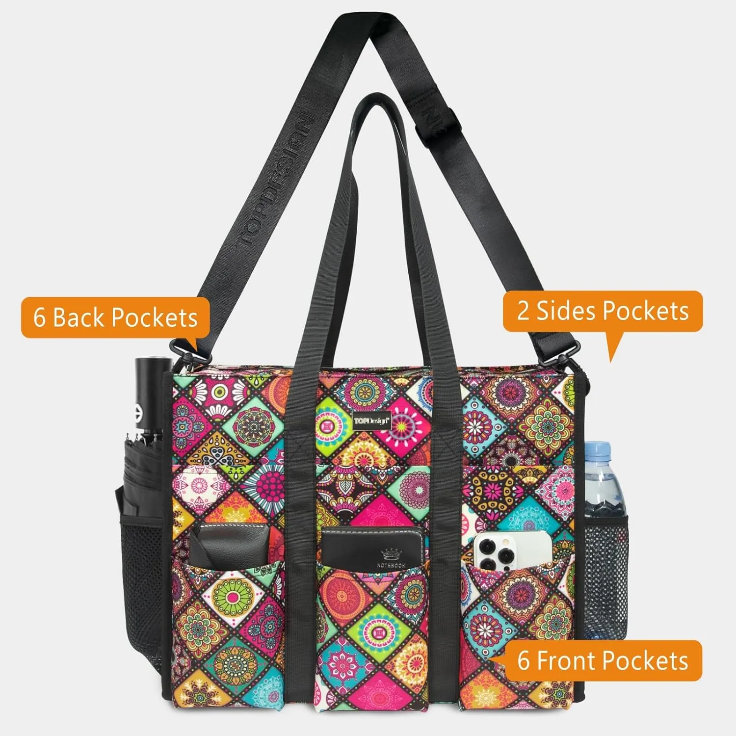 TOPDesign Utility Water Resistant Tote Bag with 22 Pockets, Top Zipper Closure & Thick Bottom Support, for Working Women