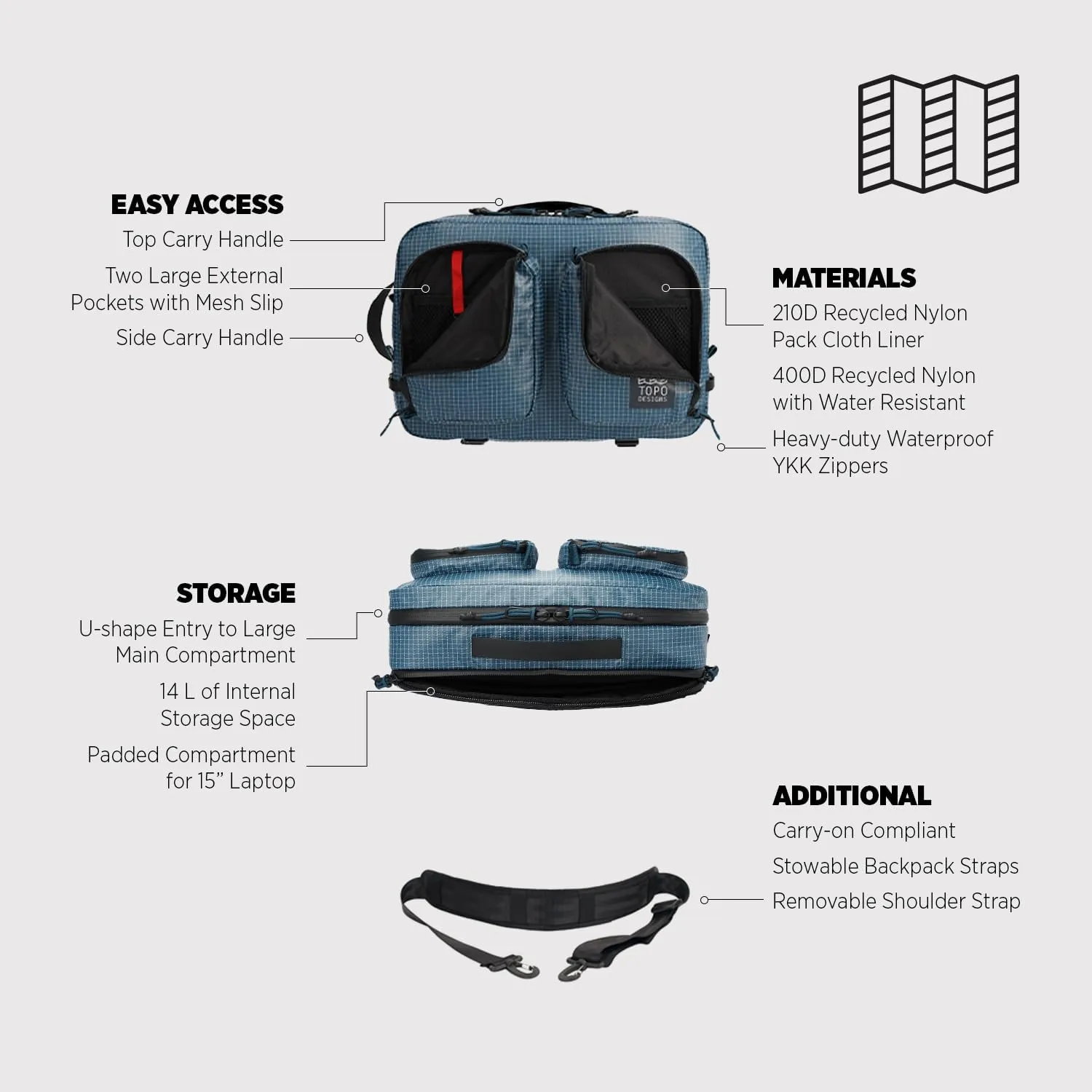 Topo Designs Apex Global Briefcase – Nylon Ripstop Fabric, Weatherproof Commuting Travel Pack with Oversized Zips, Made with 100% Recycled Materials (Black)