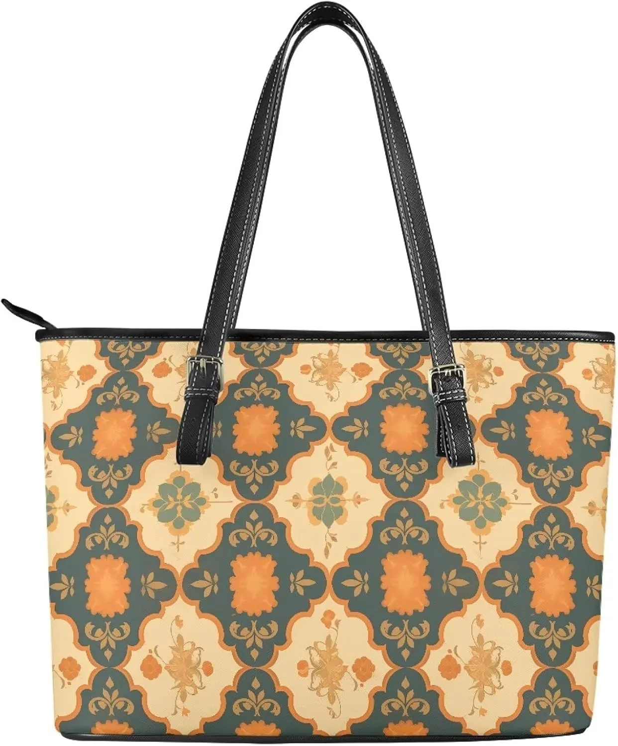 Tote Bag for Women Painting Flowers Zipper Hobo Bag, Bohemia Art Faux Leather Shoulder Briefcase Work Tote Purse