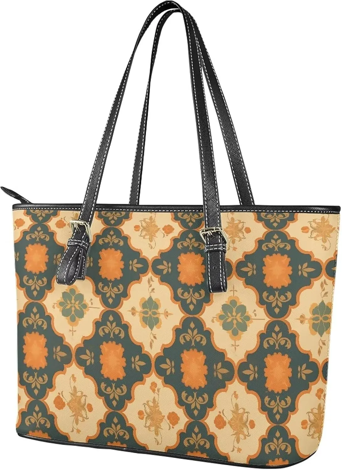 Tote Bag for Women Painting Flowers Zipper Hobo Bag, Bohemia Art Faux Leather Shoulder Briefcase Work Tote Purse