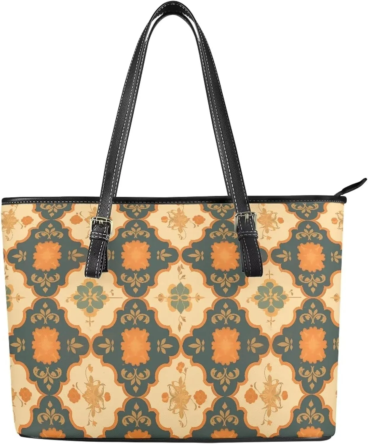 Tote Bag for Women Painting Flowers Zipper Hobo Bag, Bohemia Art Faux Leather Shoulder Briefcase Work Tote Purse