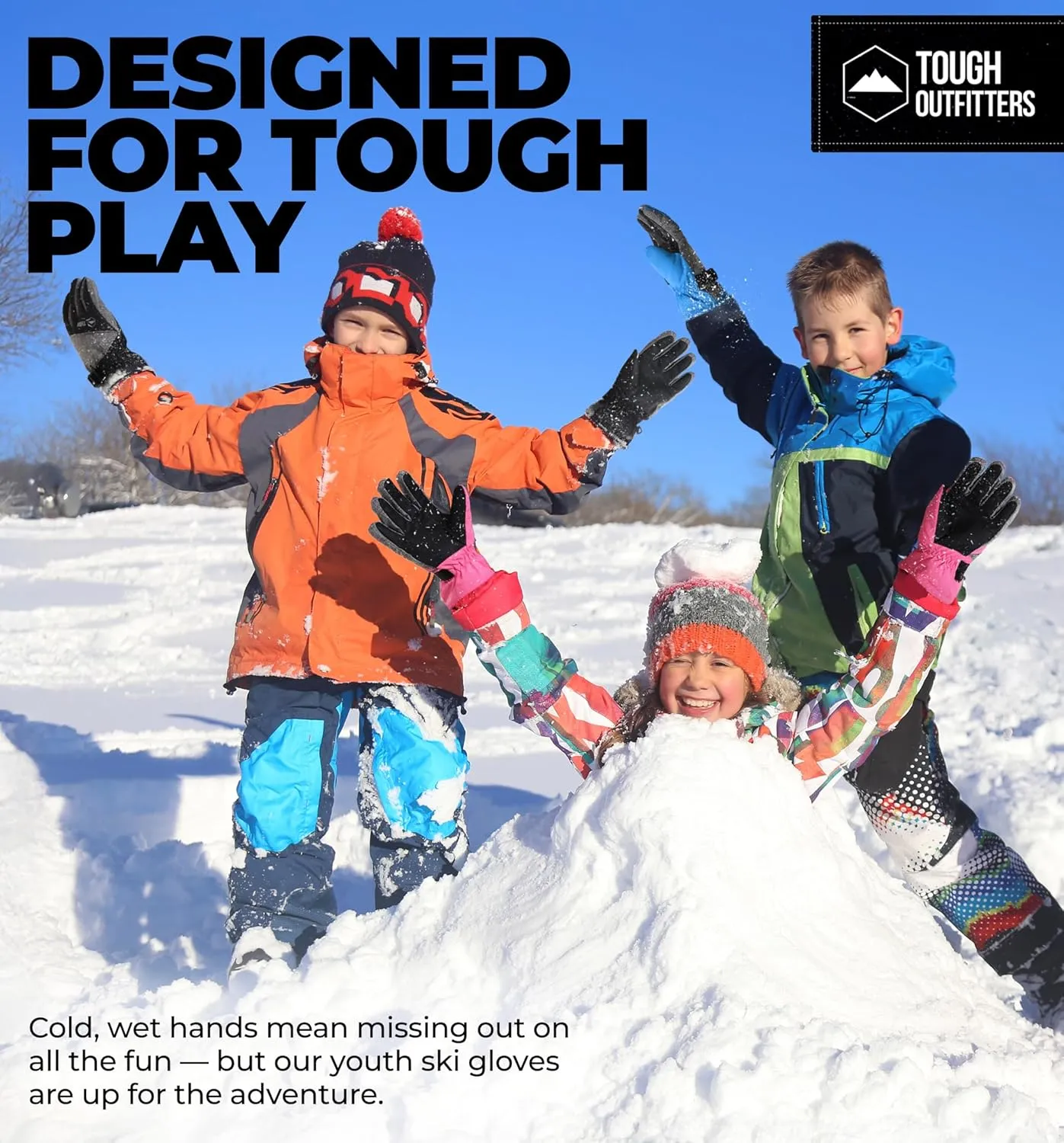 Tough Outdoors Kids Insulated Waterproof Snow Gloves - Youth Winter Ski Gloves for Girls & Boys