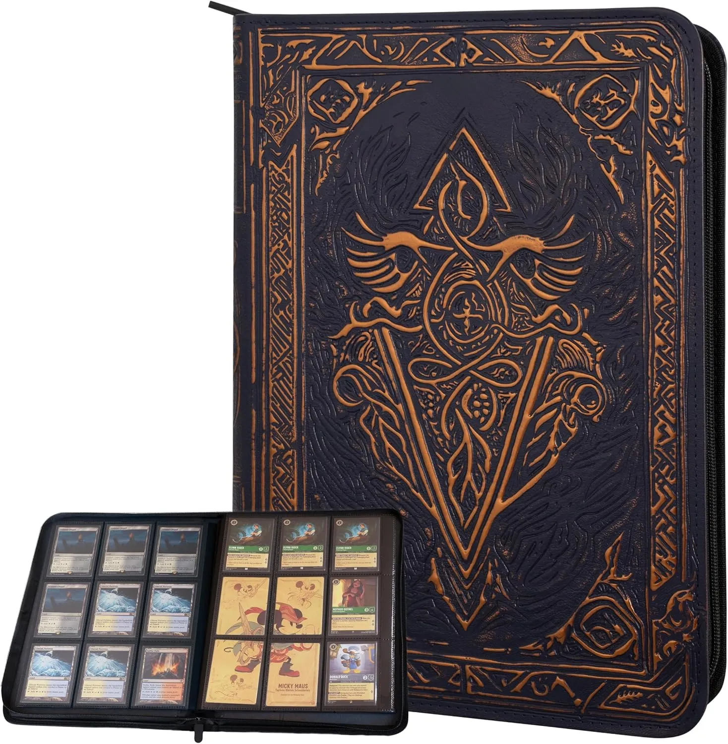 Trading Card Binder - 9 Pocket Album w Zipper - 360 Side Loading Folder for TCG - 3D PU Leather - For MTG, Disney Lorcana Trading Card Game, Magic The Gathering, Pokemon - Book Accessories Gift - Blue