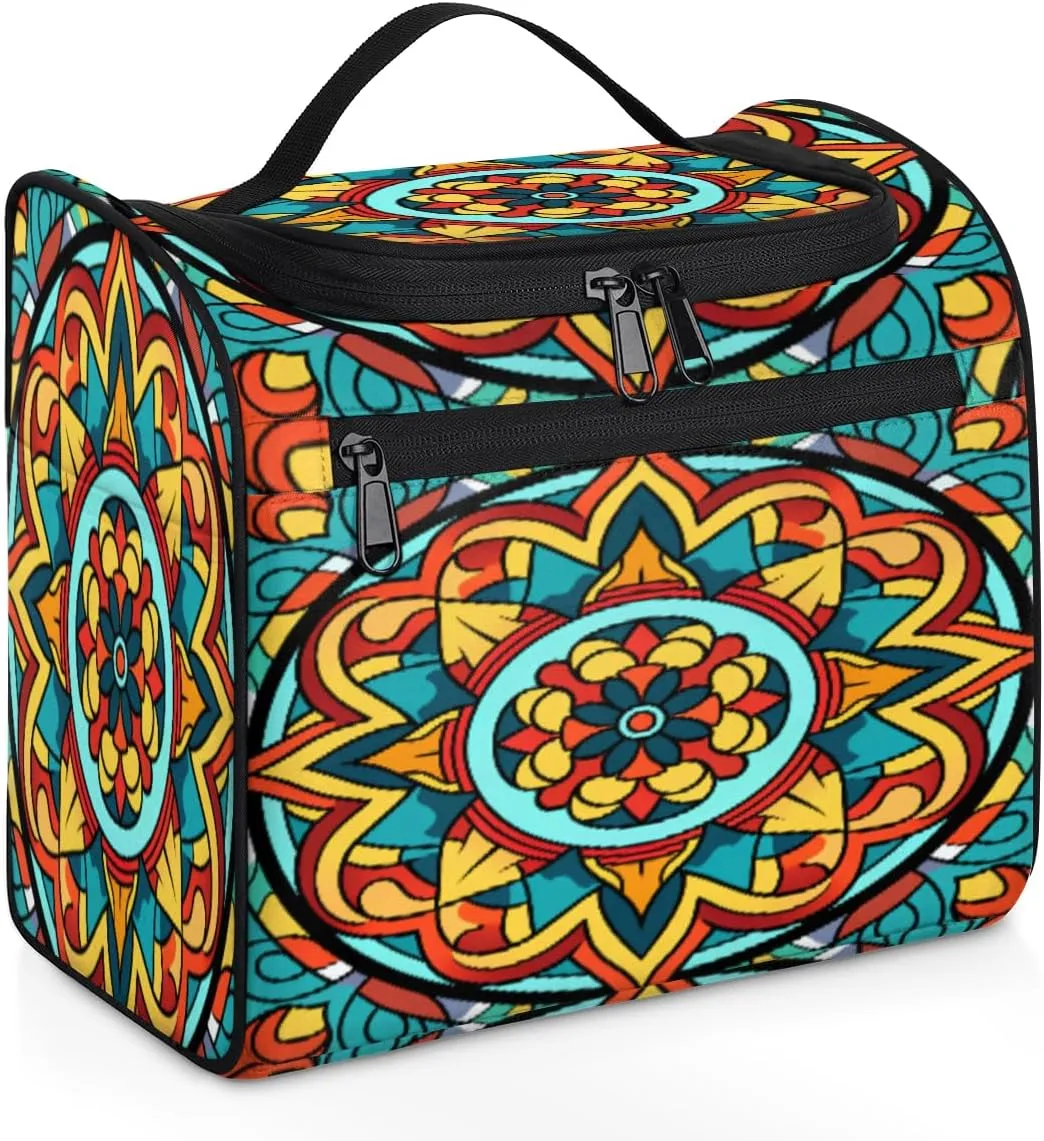 Traditional Mandala Maya Pattern Toiletry Bag for Women, Hanging Travel Toiletry Bag, Water-resistant Cosmetic Makeup Organizer for Toiletries and Cosmetics, Bathroom Shower Bag with Handle and Hook