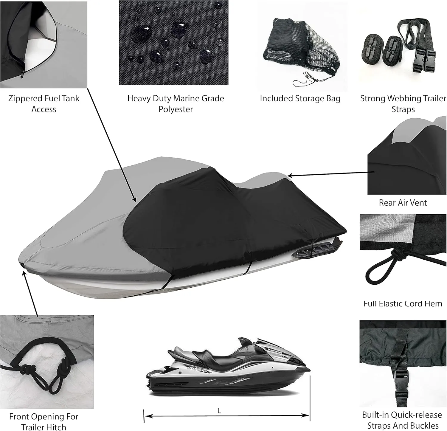Trailerable Jet Ski Cover, Waterproof Marine Grade 600D Heavy Duty Polyester PWC Cover Gray/Black Color Fits from 126"-135" 3 Seater