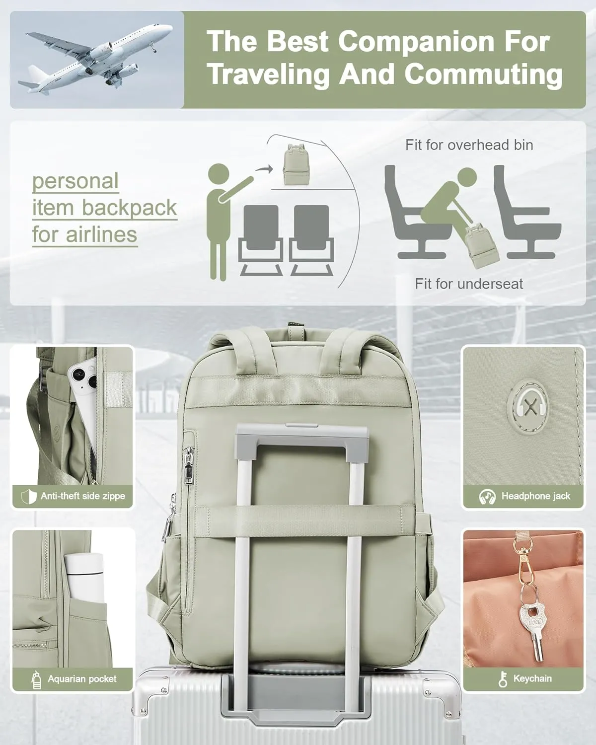 Travel Backpack Carry On Flight Approved Small Travel Backpack For Women Carry On Backpack Personal Item Travel Bag Laptop Teacher Backpack Work Backpack For Traveling On Airplane Grass Green