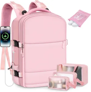 Travel Backpack Set for Women with [Toiletry Bags]&[Shoe Bags] - 15.6 Inch Women Laptop Backpack with USB Charging Port for Travel,Weekender,Business,Hiking - Pink
