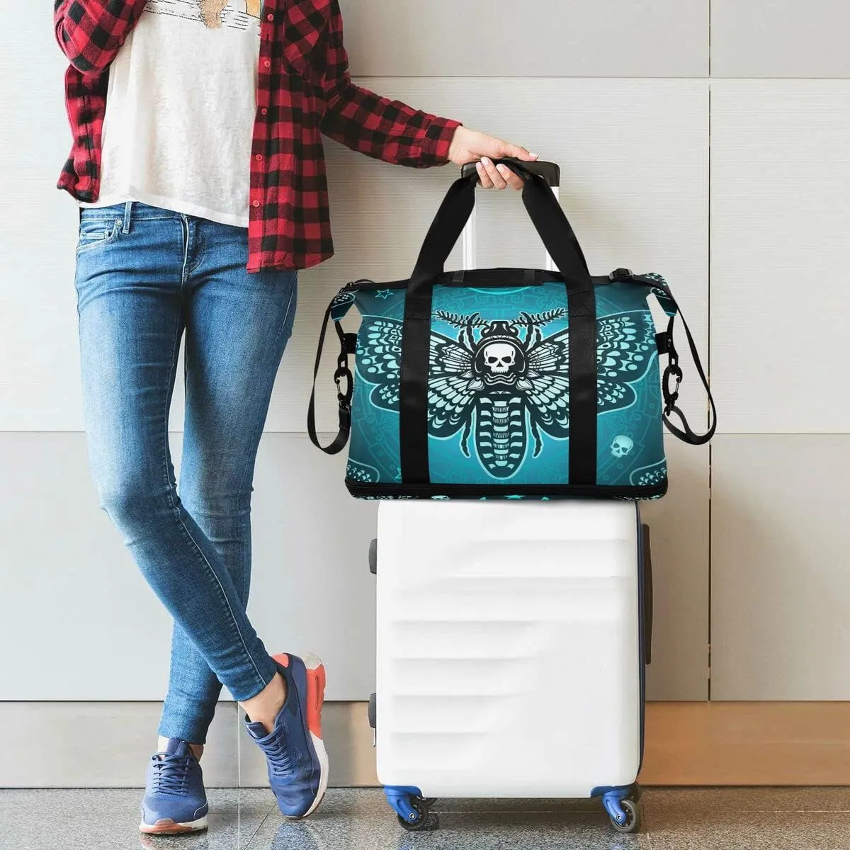 Travel Duffel Tote Bag Butterfly Skull Boho Sports Duffel Bag with Wet Pocket Weekender Overnight Bag for Women Men Gym Bag, Carry On Bag Hospital Bag for Labor and Delivery