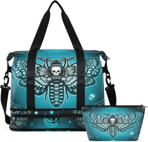 Travel Duffel Tote Bag Butterfly Skull Boho Sports Duffel Bag with Wet Pocket Weekender Overnight Bag for Women Men Gym Bag, Carry On Bag Hospital Bag for Labor and Delivery
