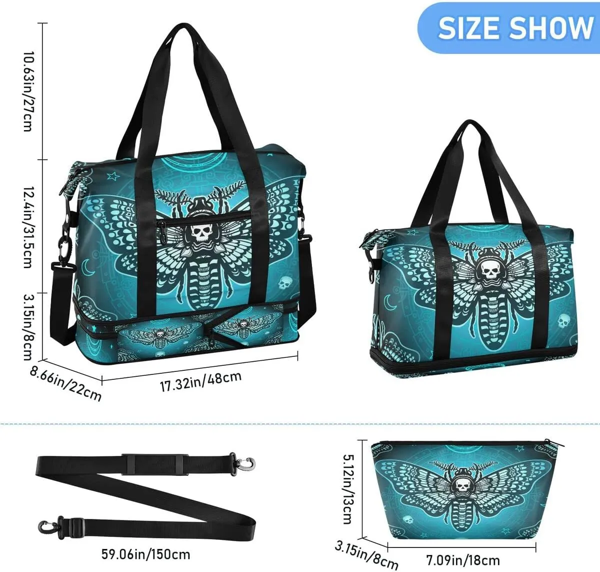 Travel Duffel Tote Bag Butterfly Skull Boho Sports Duffel Bag with Wet Pocket Weekender Overnight Bag for Women Men Gym Bag, Carry On Bag Hospital Bag for Labor and Delivery