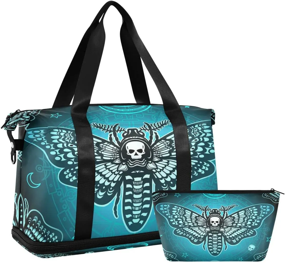Travel Duffel Tote Bag Butterfly Skull Boho Sports Duffel Bag with Wet Pocket Weekender Overnight Bag for Women Men Gym Bag, Carry On Bag Hospital Bag for Labor and Delivery