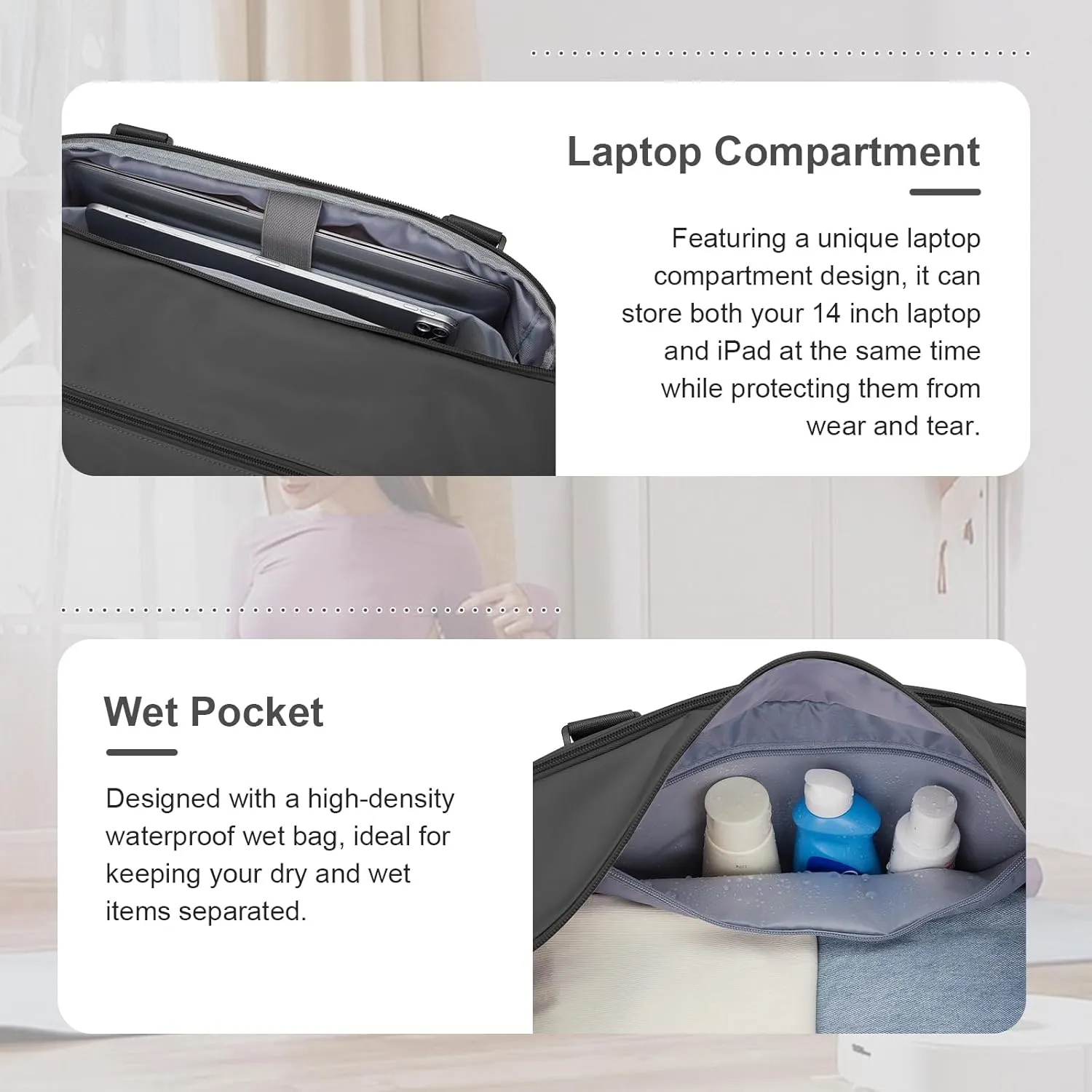 Travel Duffle Bag, Women Weekender Overnight Bags with Laptop Compartment and Wet Pocket, Womens Mens Traveling Carry On Luggage Gym Bag, Hospital Bags for Labor and Delivery, Black