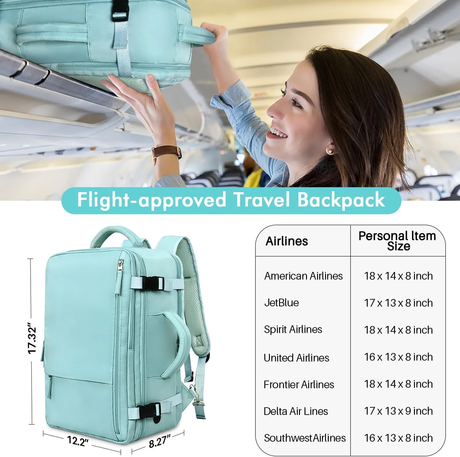 Travel Laptop Backpack Carry On Backpack for Men Women Flight Approved College School Computer Bag for Business Hiking Personal Item Backpack Fits 15.6 Inch Notebook Blue-Green
