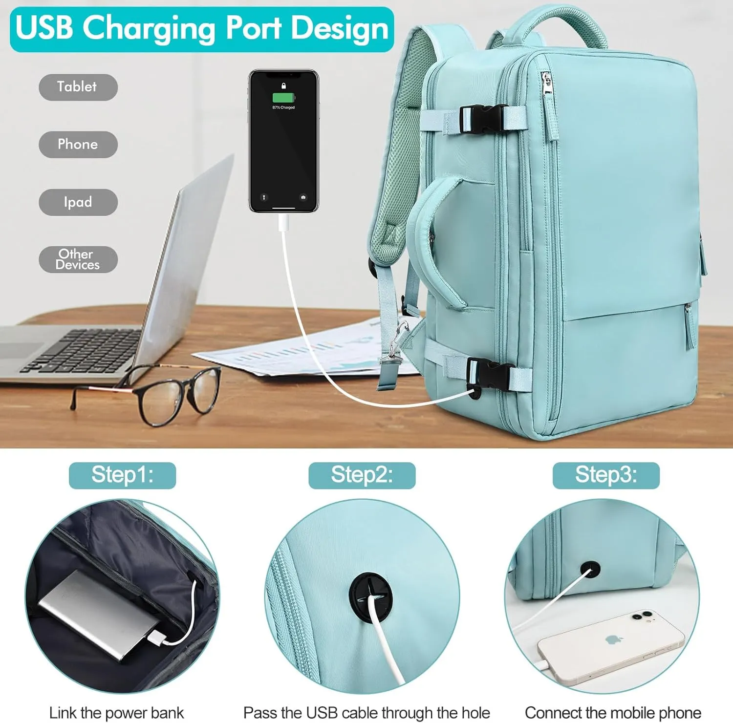Travel Laptop Backpack Carry On Backpack for Men Women Flight Approved College School Computer Bag for Business Hiking Personal Item Backpack Fits 15.6 Inch Notebook Blue-Green
