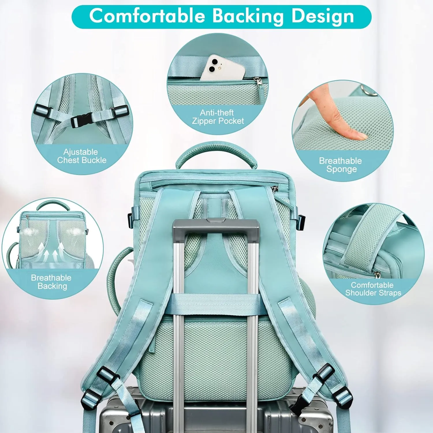 Travel Laptop Backpack Carry On Backpack for Men Women Flight Approved College School Computer Bag for Business Hiking Personal Item Backpack Fits 15.6 Inch Notebook Blue-Green