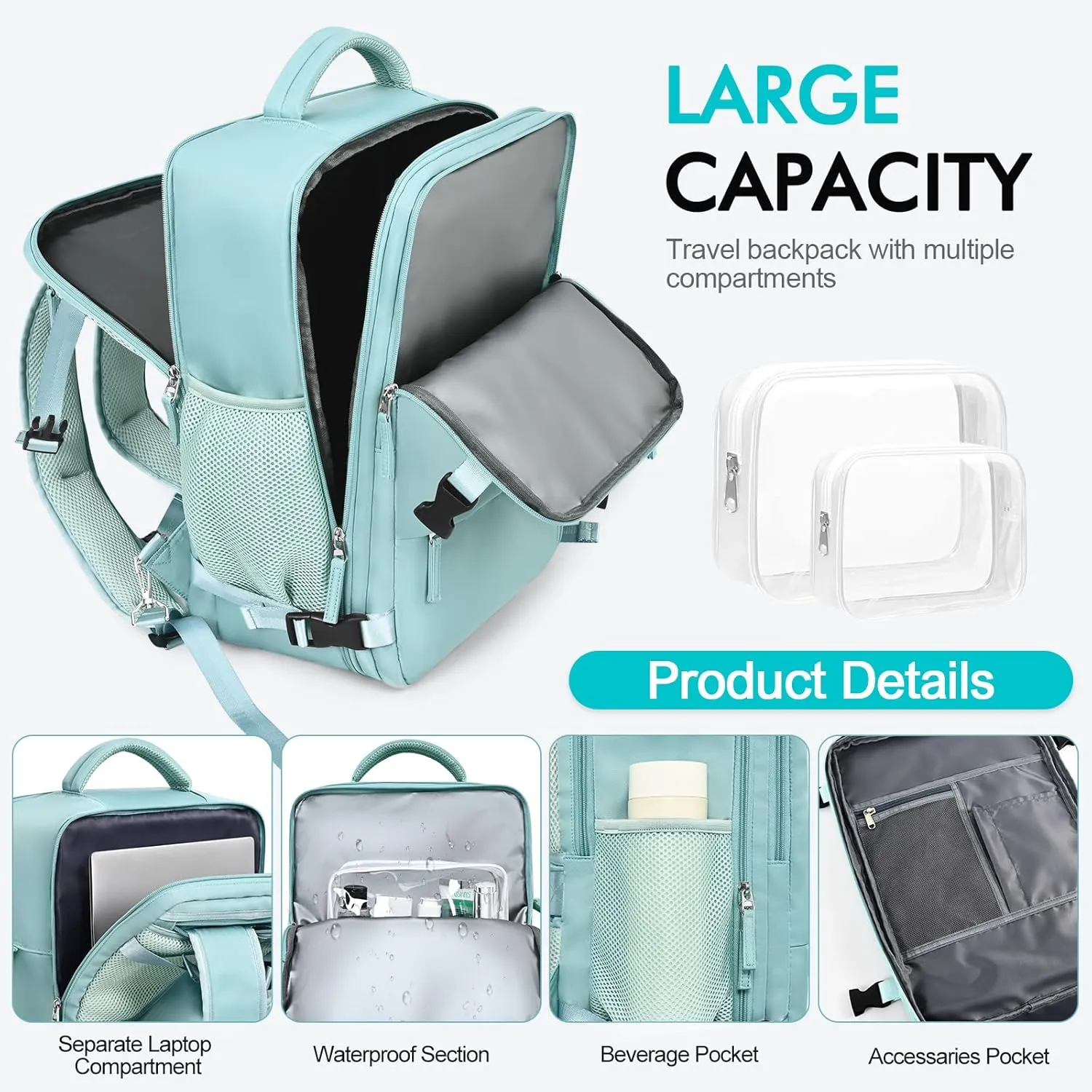 Travel Laptop Backpack Carry On Backpack for Men Women Flight Approved College School Computer Bag for Business Hiking Personal Item Backpack Fits 15.6 Inch Notebook Blue-Green