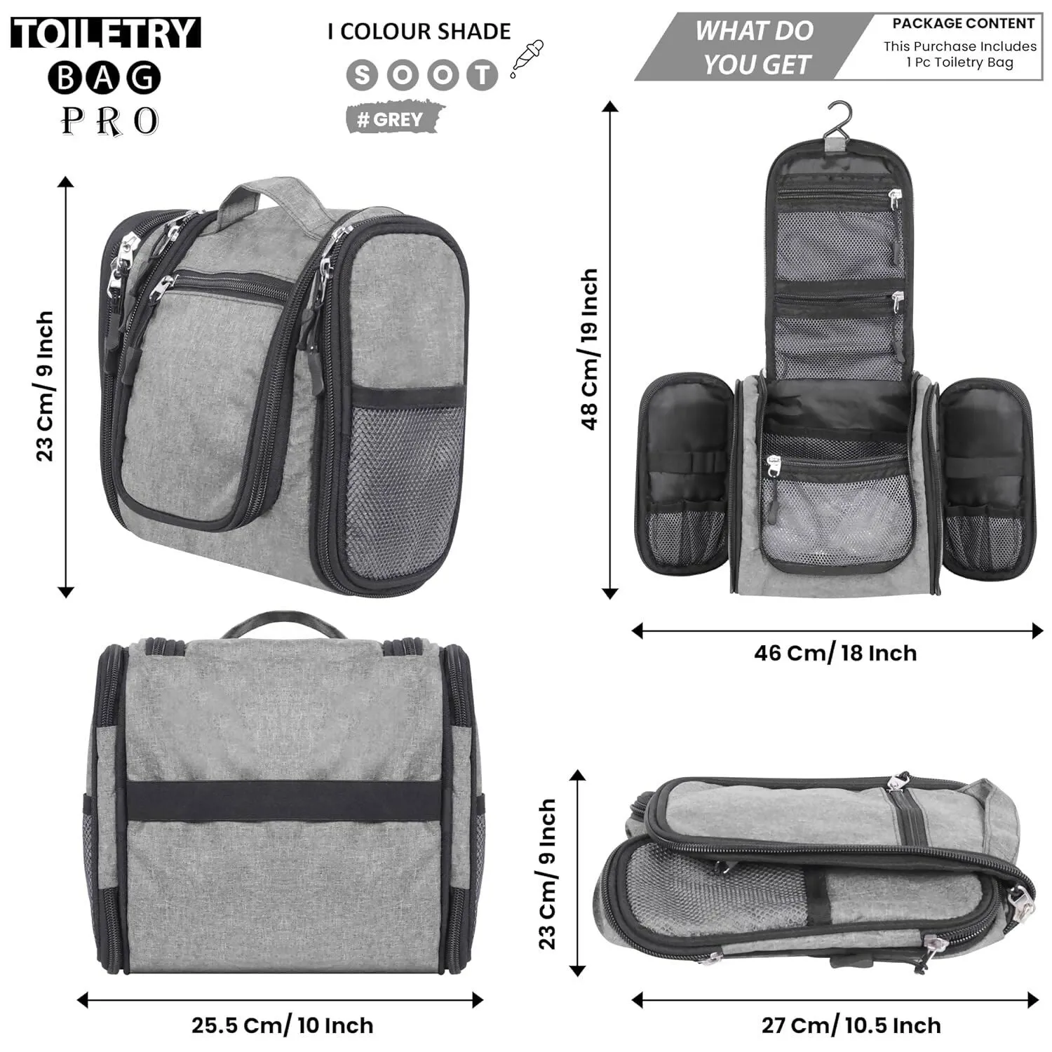 Travel Makeup & Toiletry Organizer Bag (Grey)