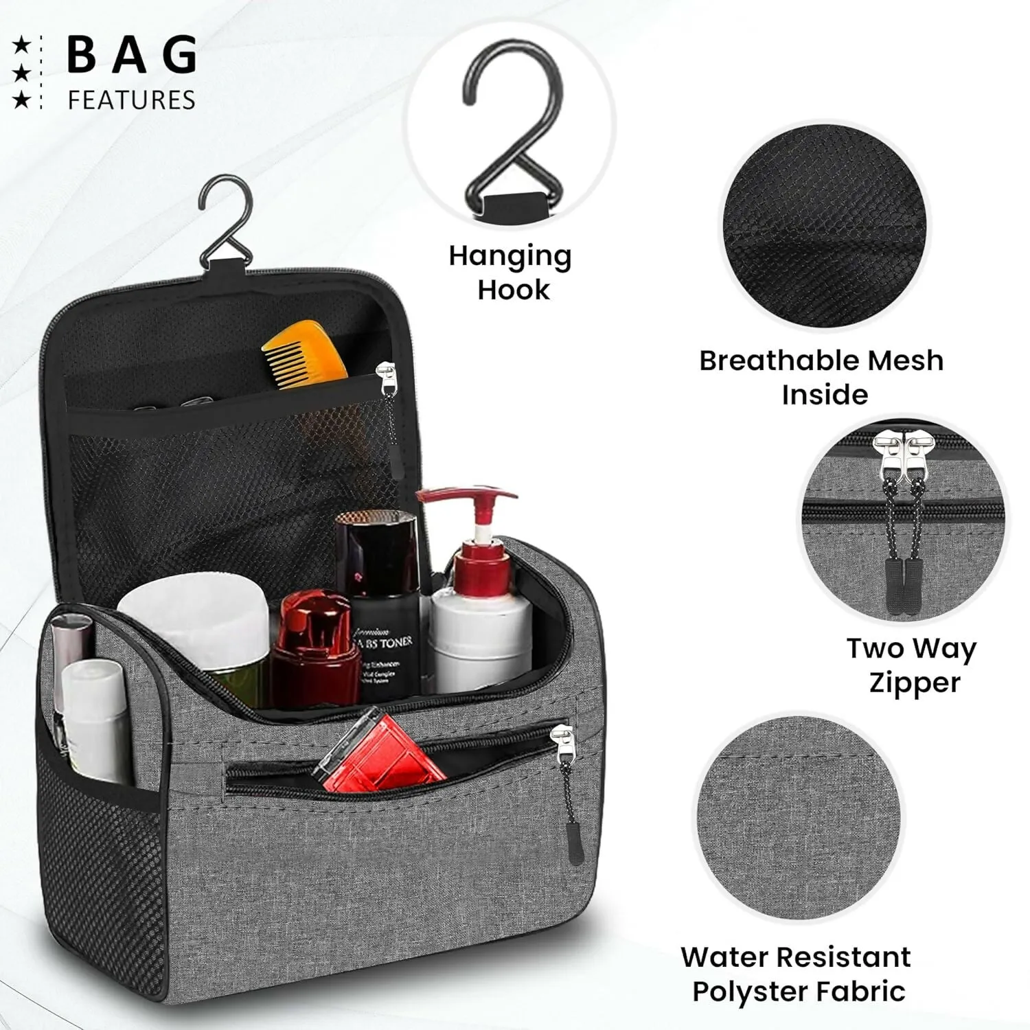 Travel Makeup & Toiletry Organizer Bag (Grey)