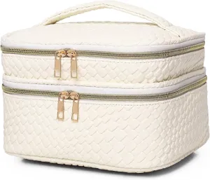Travel Makeup Bag for Women Double Layer Cosmetic Bag with Jewelry Organizer Large Waterproof Toiletry Bag for Traveling Portable Makeup Storage Box (A/Offwhite)