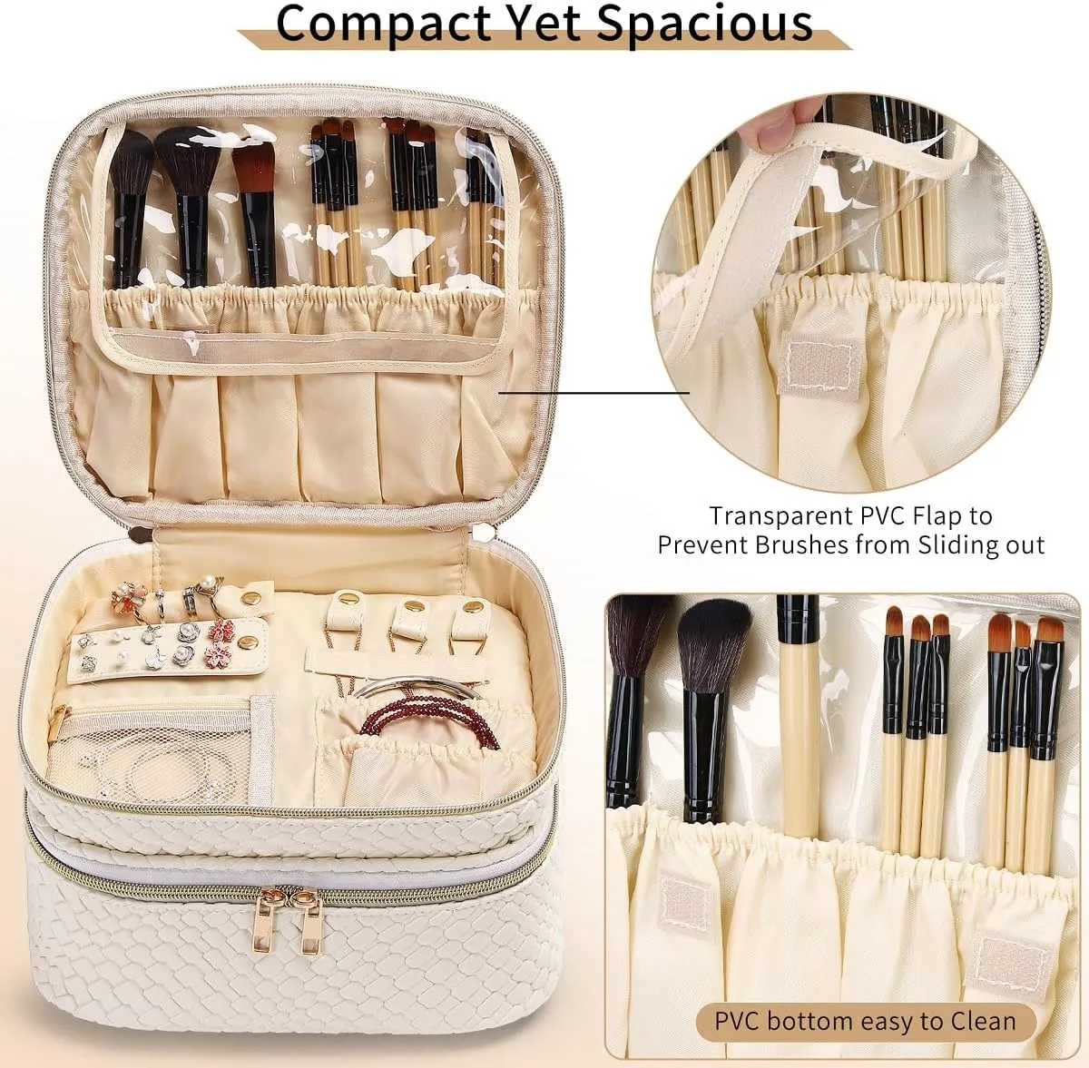 Travel Makeup Bag for Women Double Layer Cosmetic Bag with Jewelry Organizer Large Waterproof Toiletry Bag for Traveling Portable Makeup Storage Box (A/Offwhite)