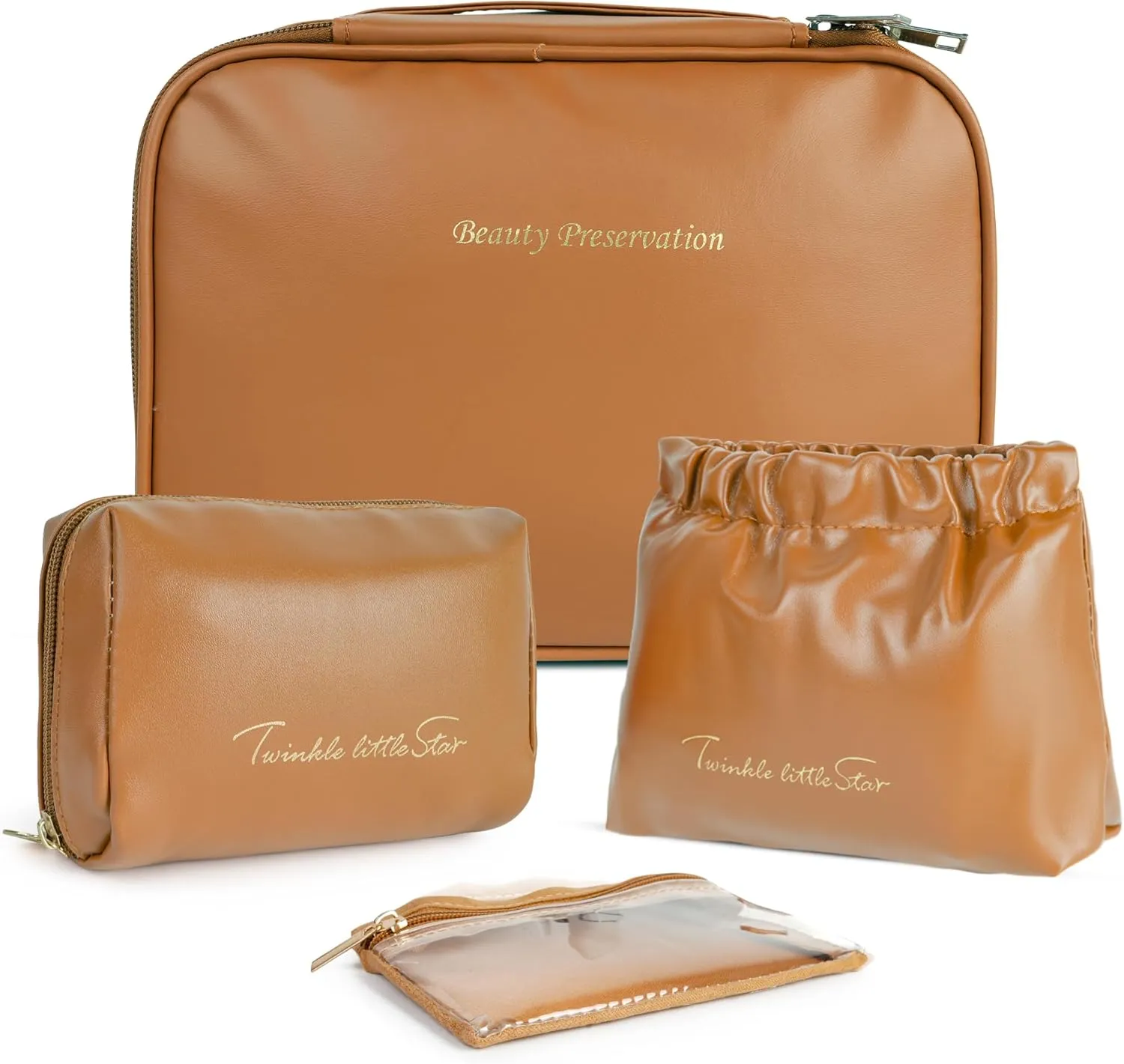 Travel Makeup Bags Set, 4 Pcs PU Leather Cosmetic Organizer Bag with Jewelry bag, Large Make Up Cosmetic Bag with Divider and Handle, Portable Travel waterproof Vanity Bag for Women Girl (Brown)