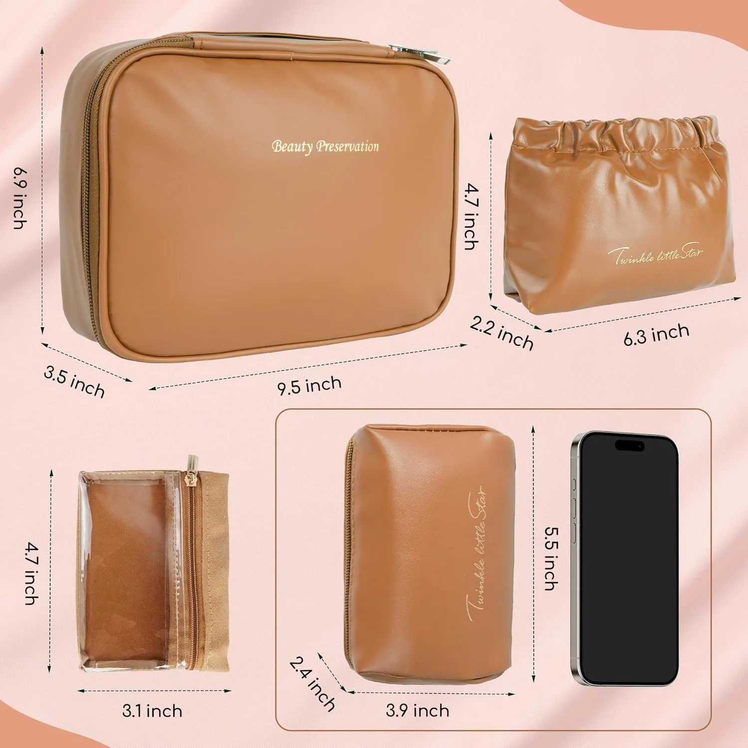 Travel Makeup Bags Set, 4 Pcs PU Leather Cosmetic Organizer Bag with Jewelry bag, Large Make Up Cosmetic Bag with Divider and Handle, Portable Travel waterproof Vanity Bag for Women Girl (Brown)
