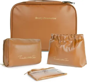Travel Makeup Bags Set, 4 Pcs PU Leather Cosmetic Organizer Bag with Jewelry bag, Large Make Up Cosmetic Bag with Divider and Handle, Portable Travel waterproof Vanity Bag for Women Girl (Brown)