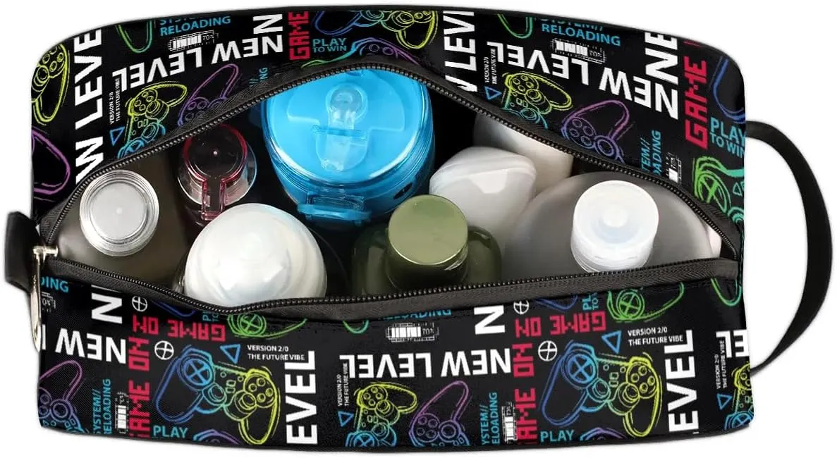Travel Toiletry Bag for Boys Kids, Waterproof Hanging Dopp Kit for Men, Shaving Bag with Large Capacity for Travel, Sports, Shower (Blue Game Joysticks)