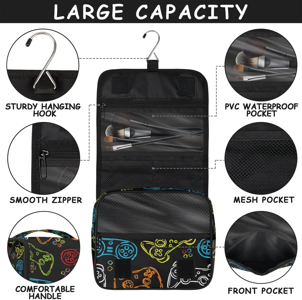 Travel Toiletry Bag for Boys Men, Gamer Gamepad Large Hanging Shaving Dopp Kit Waterproof Bathroom Toiletries Organizer Cosmetic Bags