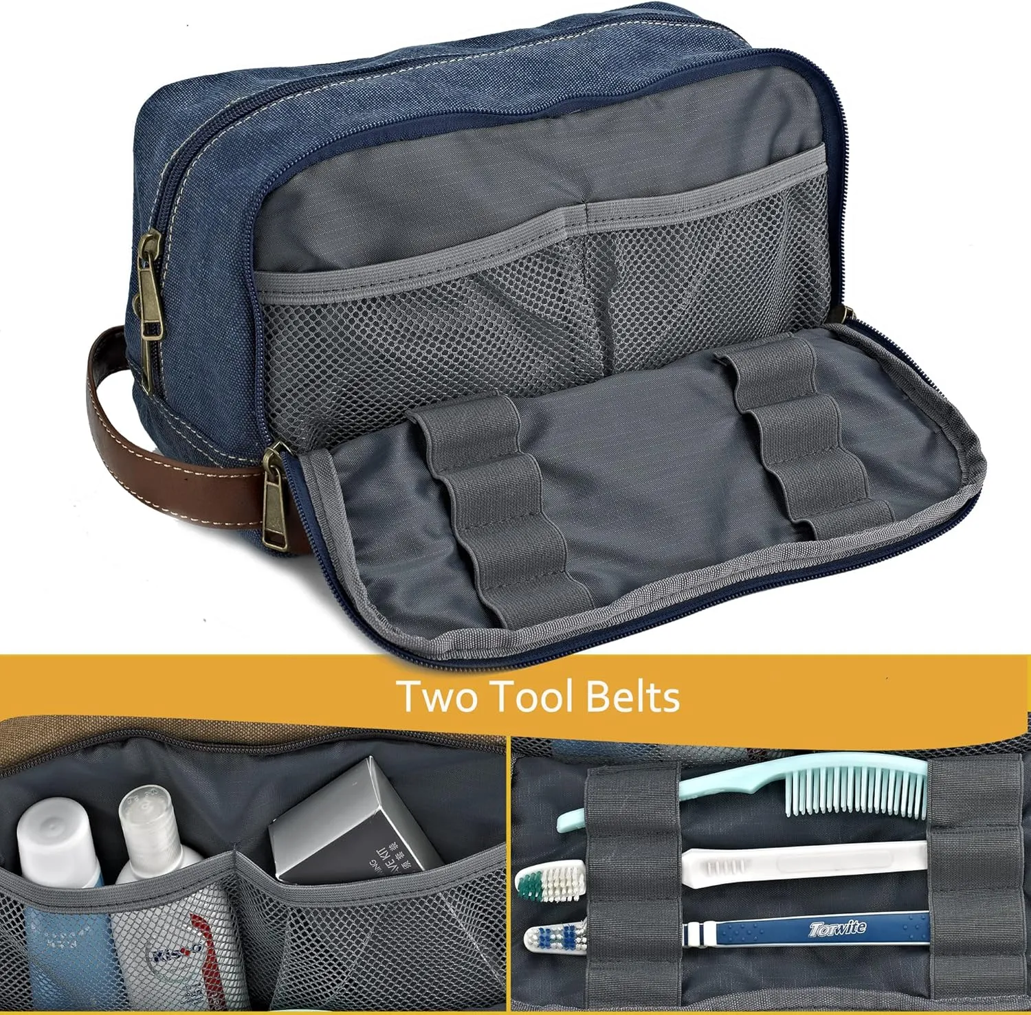 Travel Toiletry Bag for Men and Women, Canvas Toiletry Organizer Water-Resistant Vegan Leather, Hanging Dopp Kit Shaving Bag for Toiletries Accessories