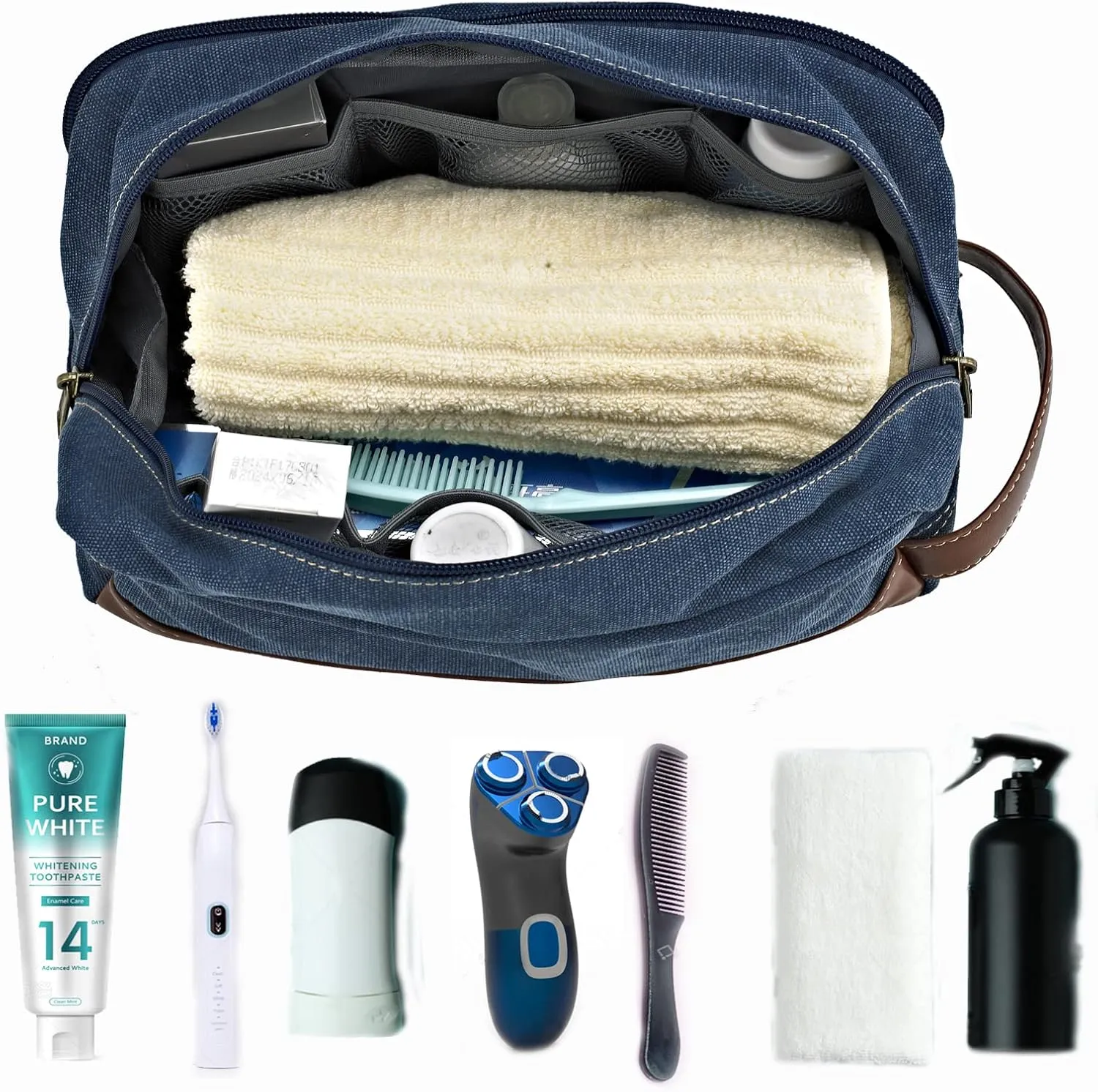 Travel Toiletry Bag for Men and Women, Canvas Toiletry Organizer Water-Resistant Vegan Leather, Hanging Dopp Kit Shaving Bag for Toiletries Accessories