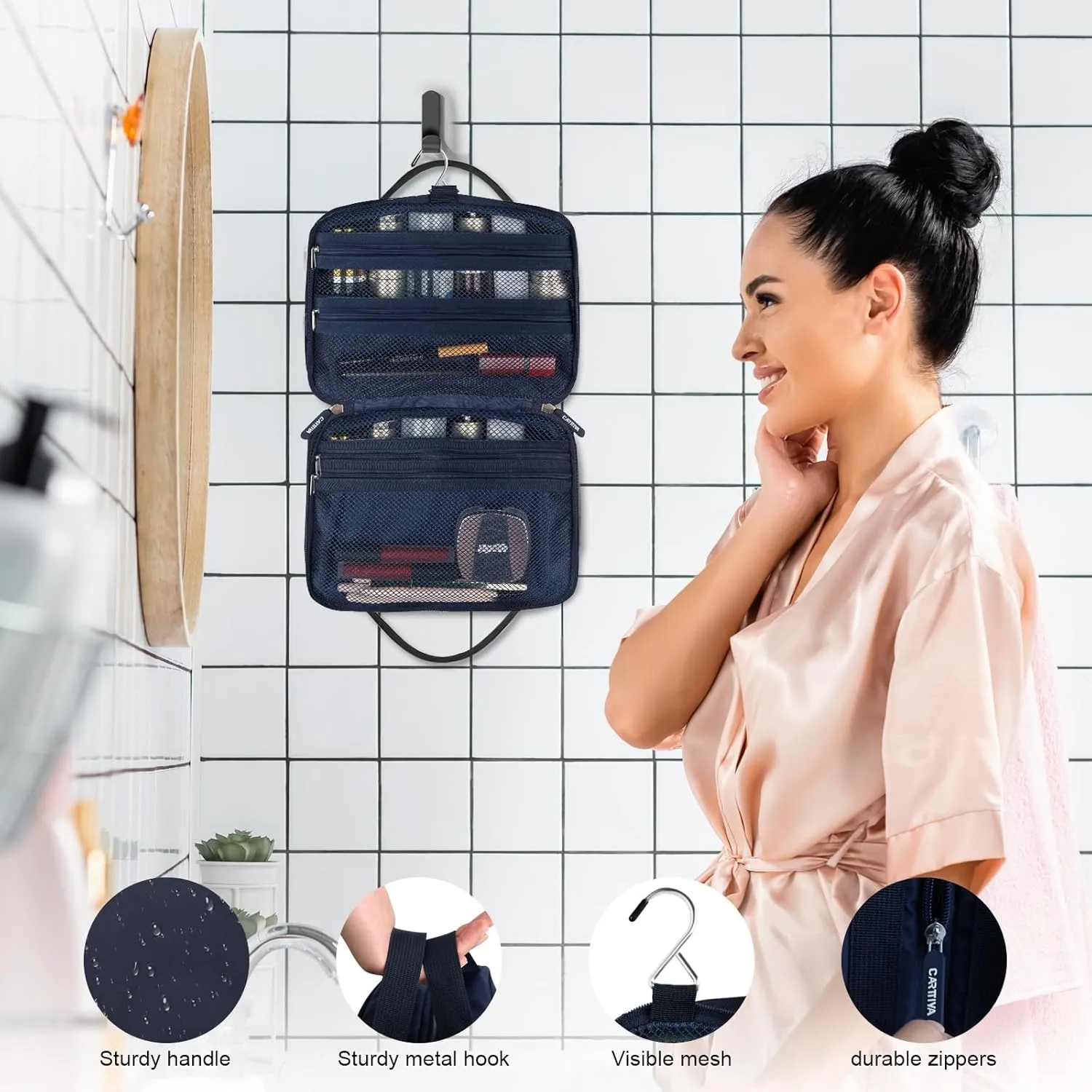 Travel Toiletry Bag for Women & Men, Portable Travel Cosmetic Bag with Hanging Hook, Water-proof Toiletry Organizer for Accessories, Shampoo, Full-size Container, Toiletries, Blue