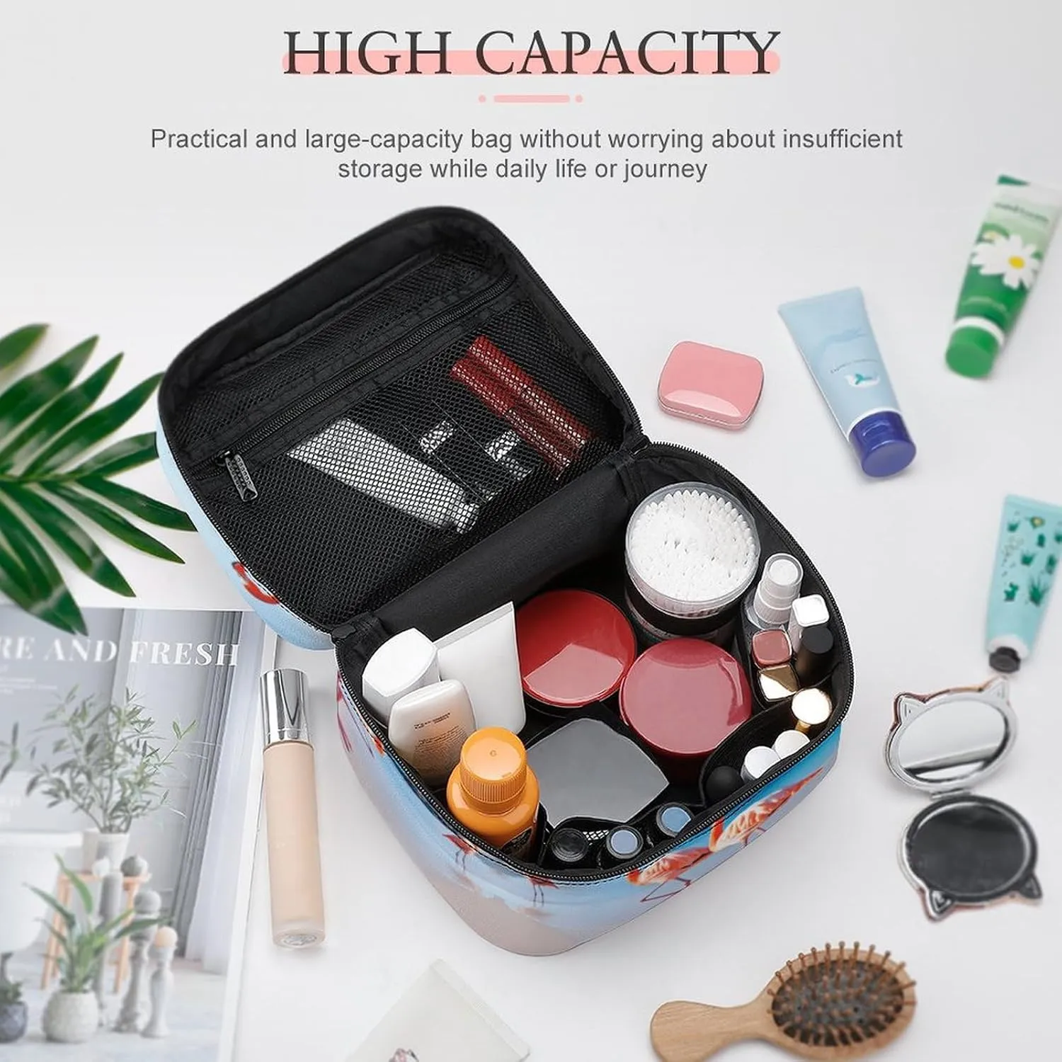 Travel Toiletry Bag for Women And Men,Pink Flamingo on Beach Toiletry Organizer, Makeup Bag Travel Organizer for Shampoo,Toiletries