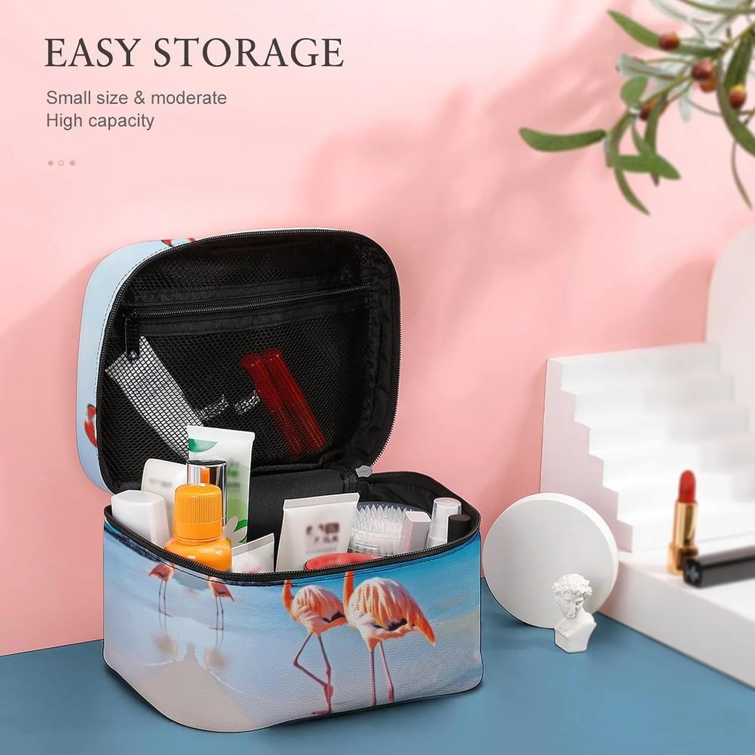 Travel Toiletry Bag for Women And Men,Pink Flamingo on Beach Toiletry Organizer, Makeup Bag Travel Organizer for Shampoo,Toiletries