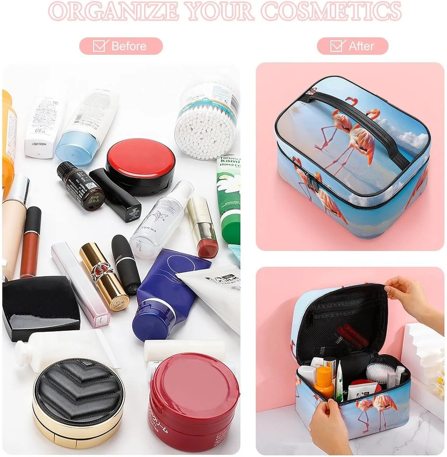 Travel Toiletry Bag for Women And Men,Pink Flamingo on Beach Toiletry Organizer, Makeup Bag Travel Organizer for Shampoo,Toiletries