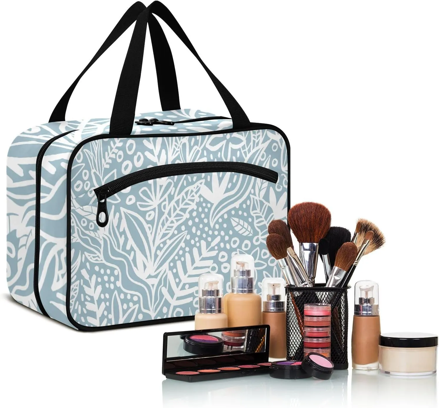Travel Toiletry Bag Hanging Cosmetic Bag Compact Toiletry Bag with Large Capacity for Women Large Blue Leaves