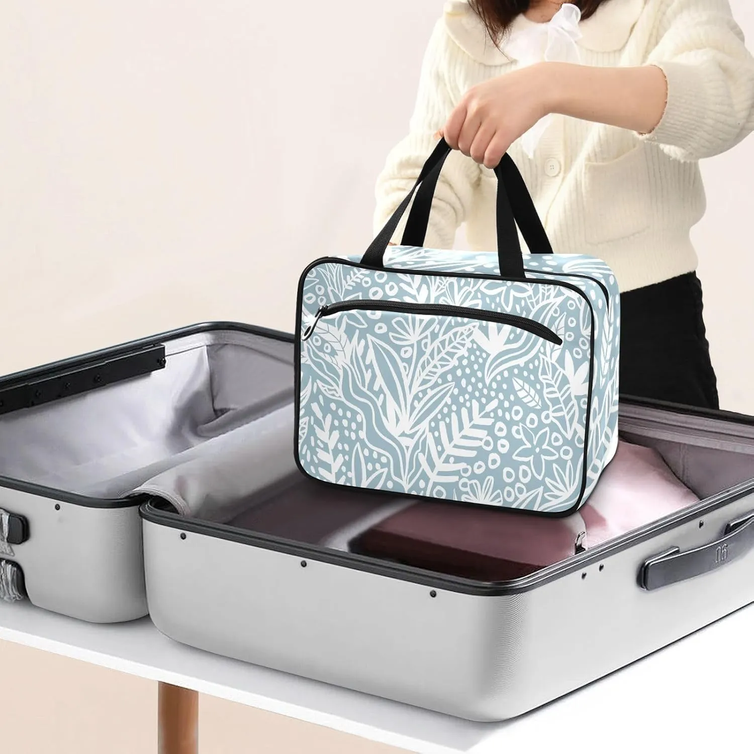 Travel Toiletry Bag Hanging Cosmetic Bag Compact Toiletry Bag with Large Capacity for Women Large Blue Leaves