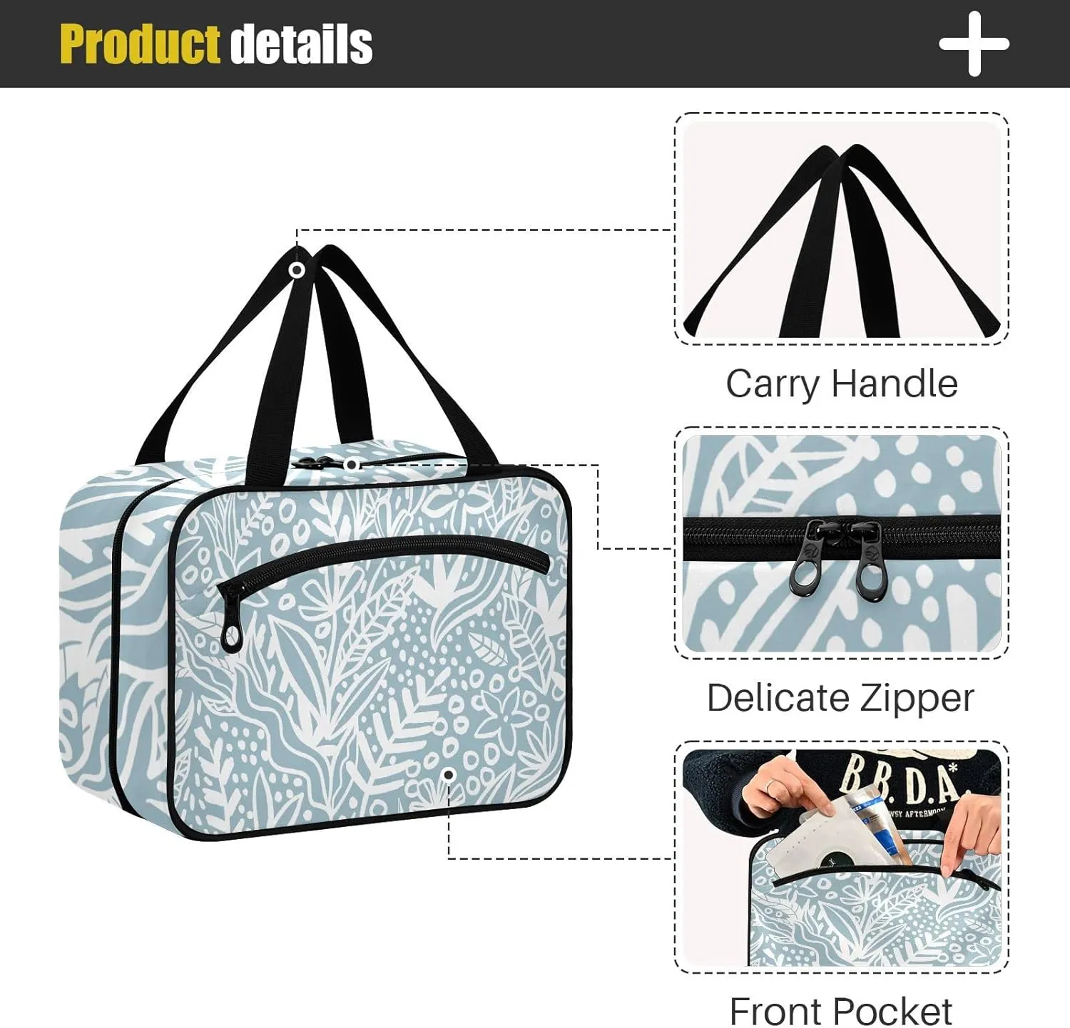 Travel Toiletry Bag Hanging Cosmetic Bag Compact Toiletry Bag with Large Capacity for Women Large Blue Leaves