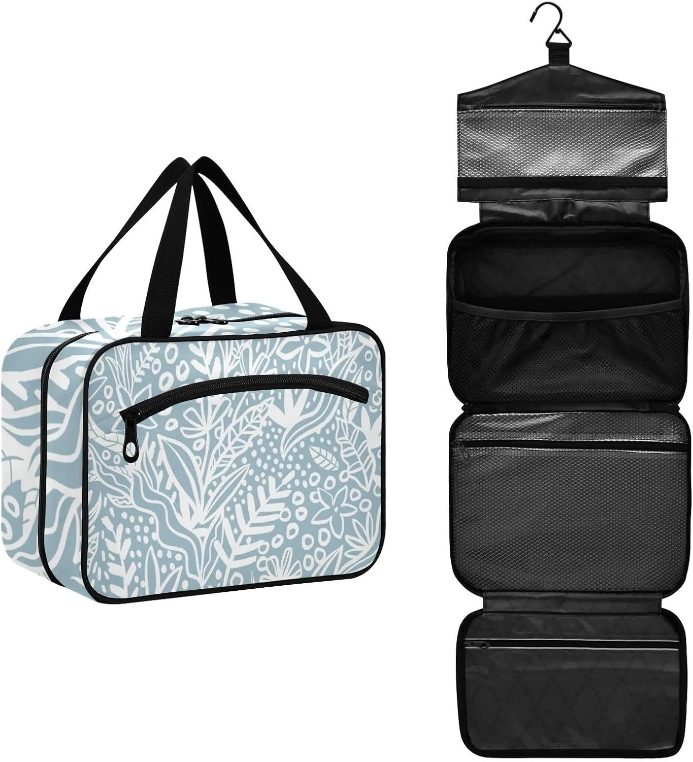 Travel Toiletry Bag Hanging Cosmetic Bag Compact Toiletry Bag with Large Capacity for Women Large Blue Leaves