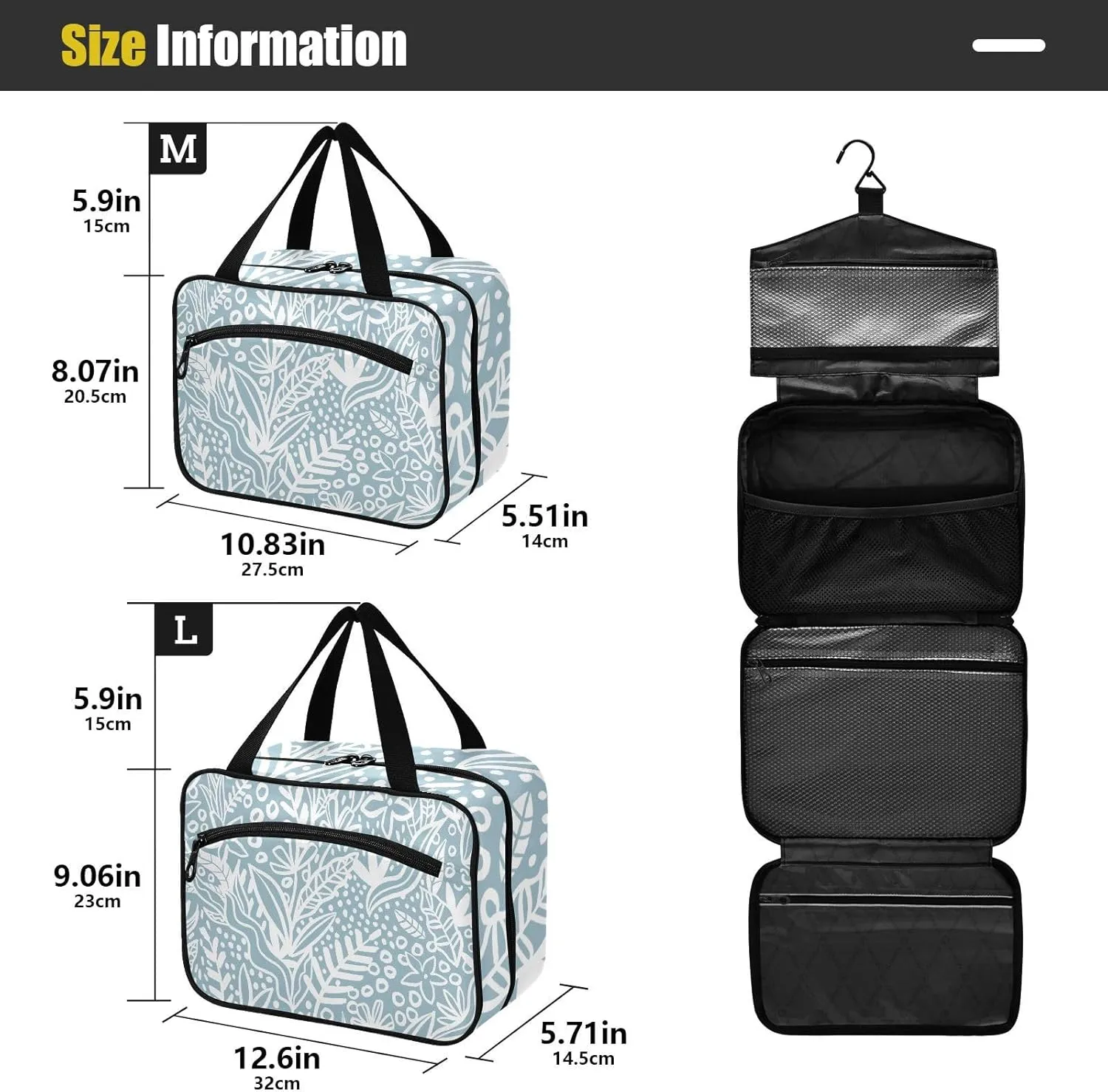 Travel Toiletry Bag Hanging Cosmetic Bag Compact Toiletry Bag with Large Capacity for Women Large Blue Leaves