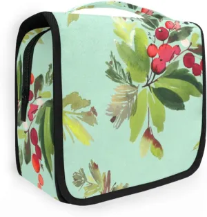 Travel Toiletry Bag Makeup bag Christmas Berries and Spruce Waterproof Bags with Hanging Hook Foldable Travel Makeup Organizer Cosmetic Bag for Travel Toiletries and Shower Accessories