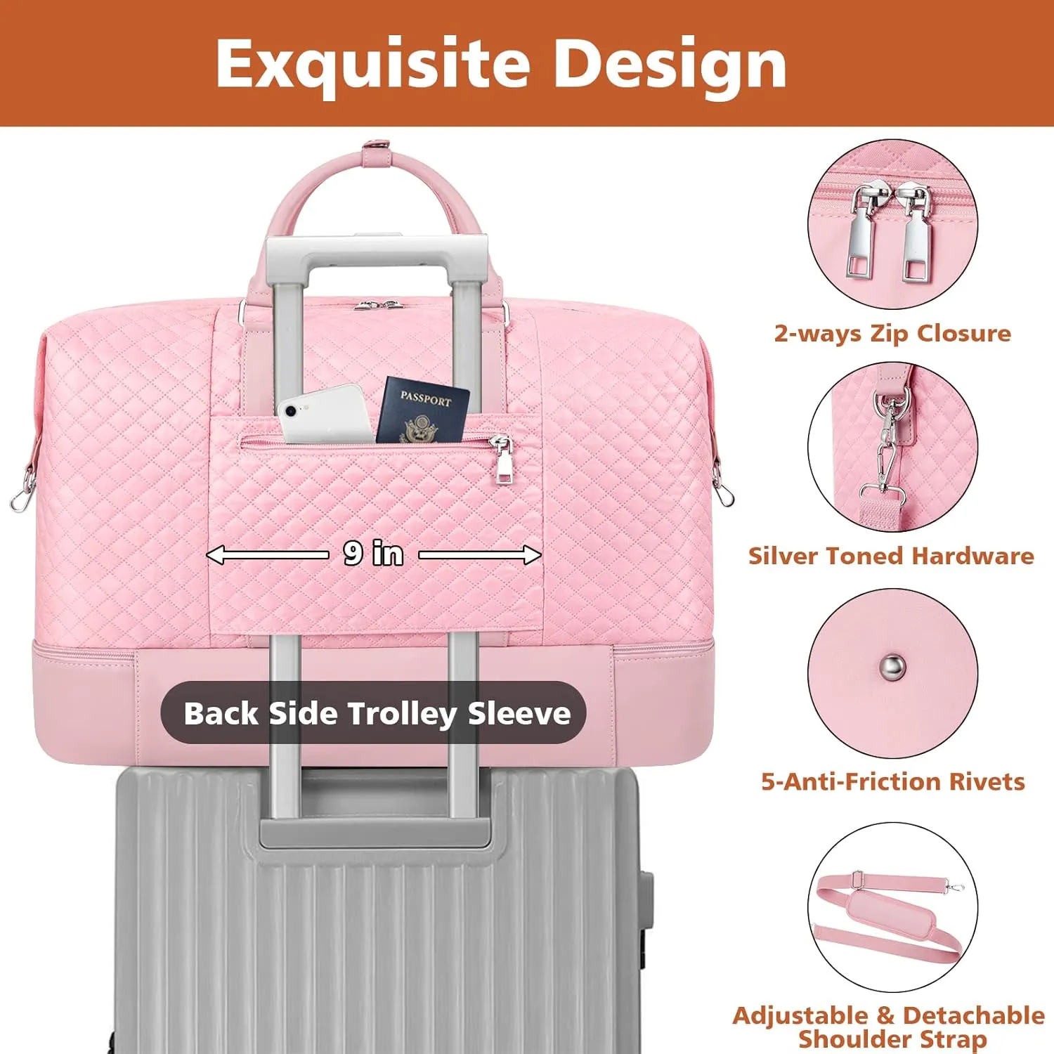 Travel Weekender Bag for Women, Overnight Bag with Shoe Compartment, Oversized Travel Duffel Bag Carry On Tote with Trolley Sleeve 21" for Weekend Travel Business Trip