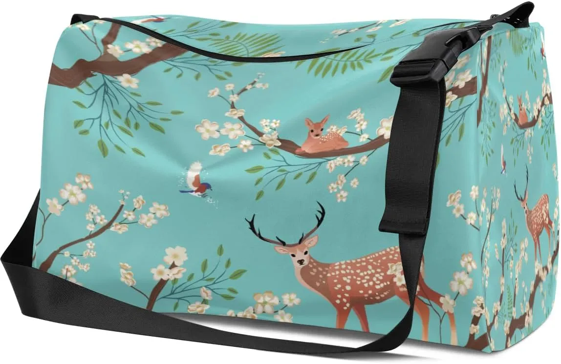Tree Branch Flower Deer Bird Small Gym Bag for Men Women Workout Sport Duffle Bag Waterproof Weekender Overnight Bag Lightweight Carry on Tote Bag Crossbody Shoulder Travel Bag for Swim Yoge Dance
