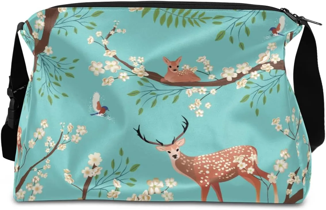 Tree Branch Flower Deer Bird Small Gym Bag for Men Women Workout Sport Duffle Bag Waterproof Weekender Overnight Bag Lightweight Carry on Tote Bag Crossbody Shoulder Travel Bag for Swim Yoge Dance