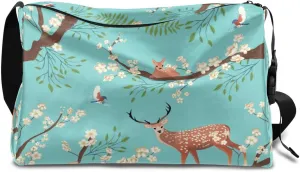 Tree Branch Flower Deer Bird Small Gym Bag for Men Women Workout Sport Duffle Bag Waterproof Weekender Overnight Bag Lightweight Carry on Tote Bag Crossbody Shoulder Travel Bag for Swim Yoge Dance