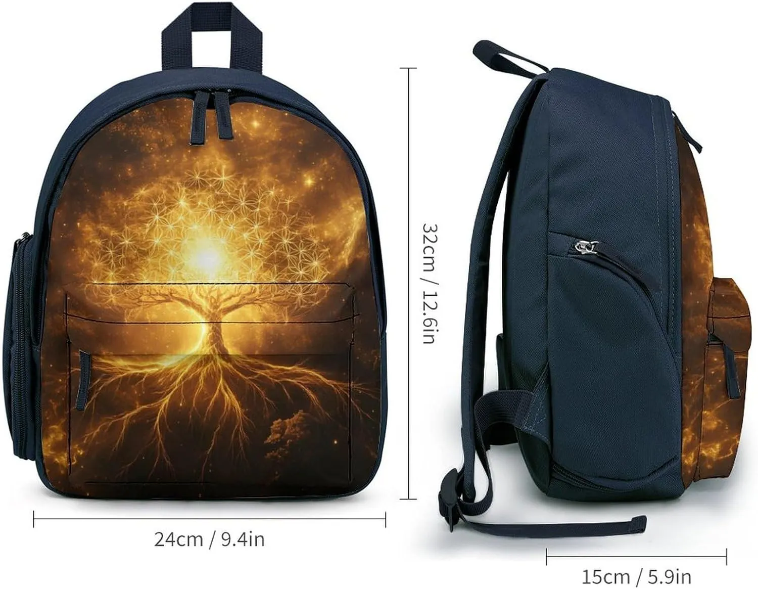 Tree with Golden Sacred Geometry Symbols Travel Backpack Water Resistant Luggage Daypack Business Weekender Bag for Men Women
