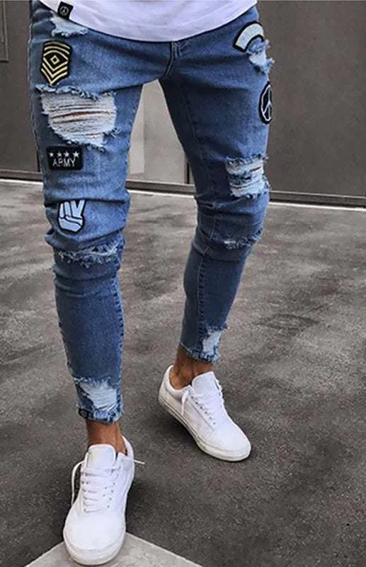 Trendy Men's Patchwork Distressed Knit Denim Slim Jeans
