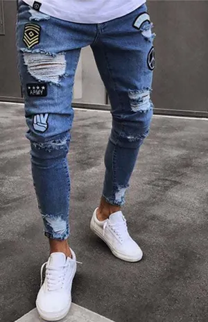 Trendy Men's Patchwork Distressed Knit Denim Slim Jeans