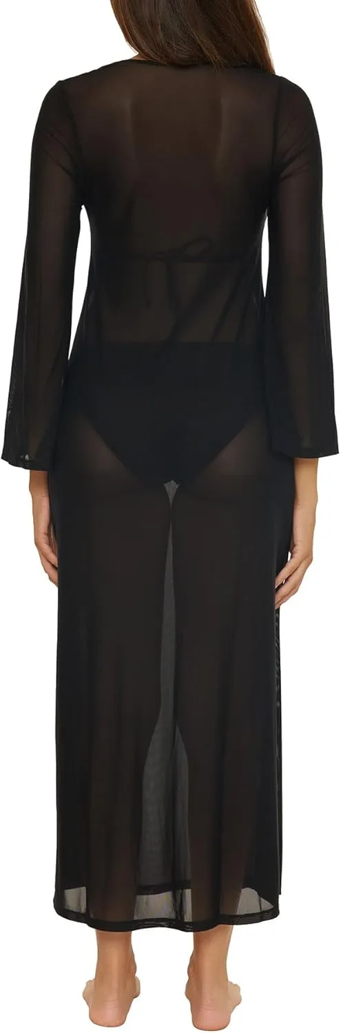 Trina Turk Elaire Mesh Maxi Dress, Casual, Plunge Neck, Long Sleeve, Beach Cover Ups for Women