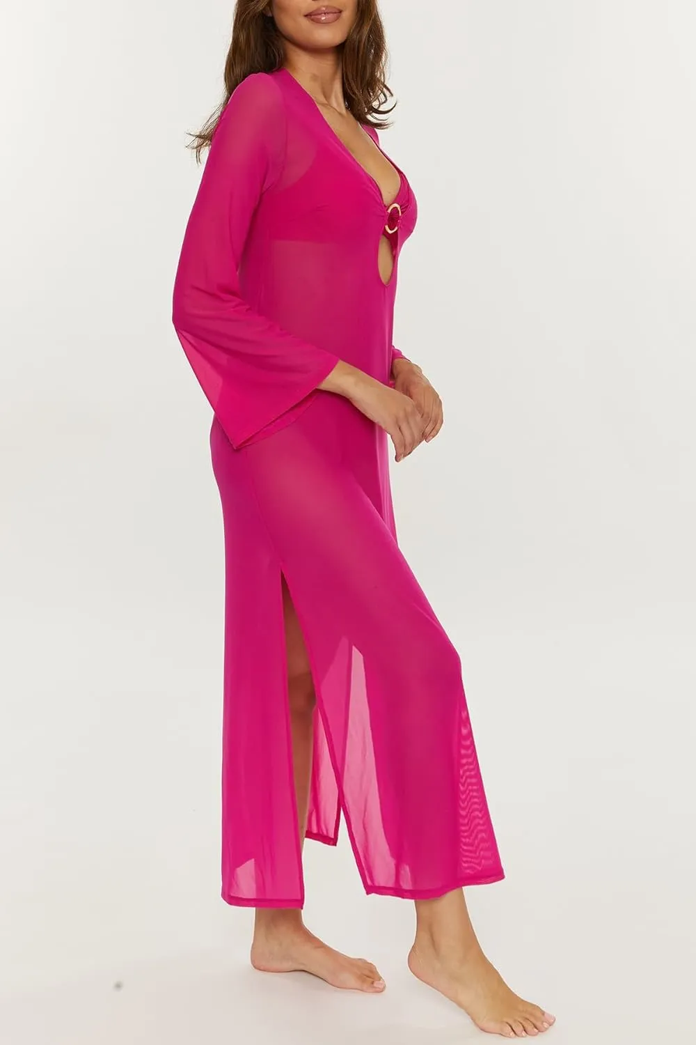 Trina Turk Elaire Mesh Maxi Dress, Casual, Plunge Neck, Long Sleeve, Beach Cover Ups for Women
